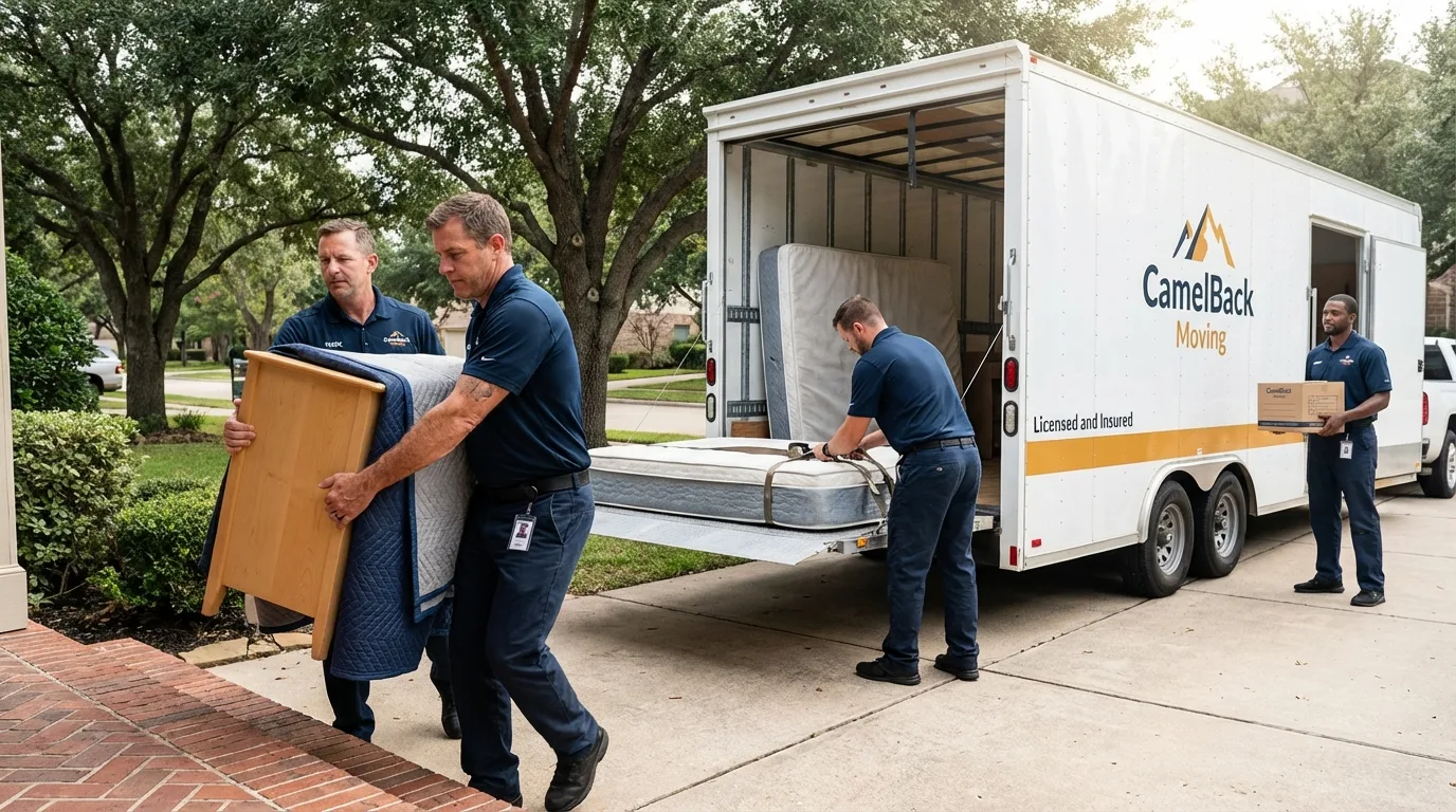 Crew loading residential truck for cross-state move from Nashua, IA