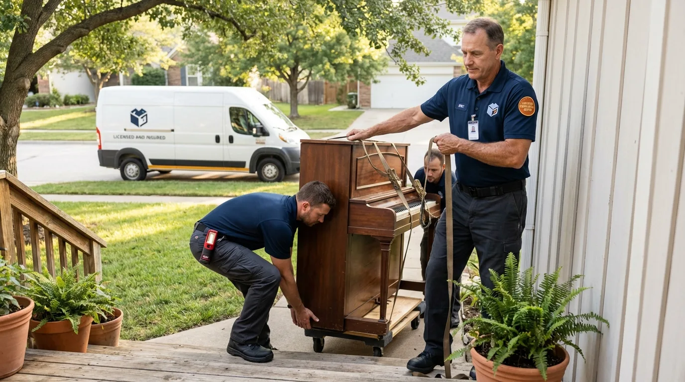 Licensed piano movers securing grand piano in Nashua, IA