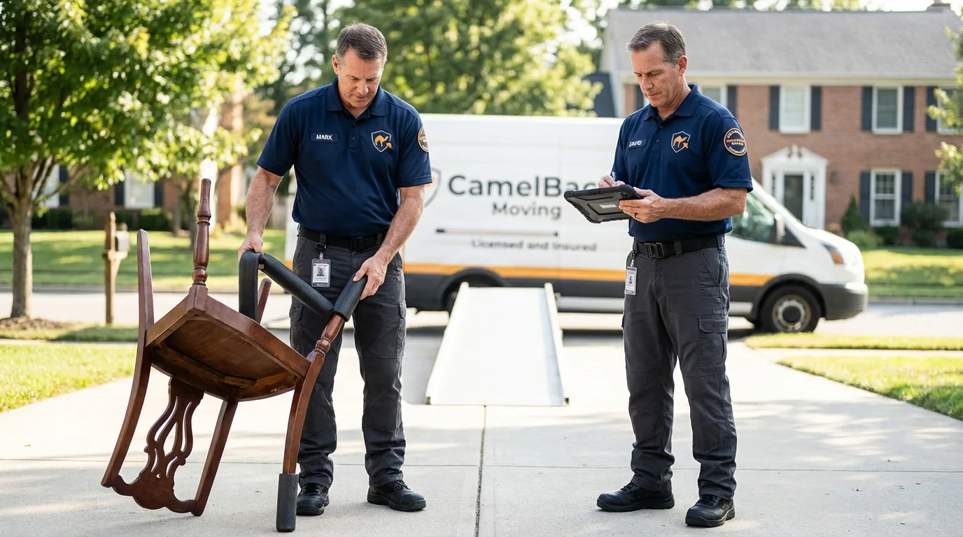 Movers inspecting furniture for damage prevention before loading in Nashua, IA