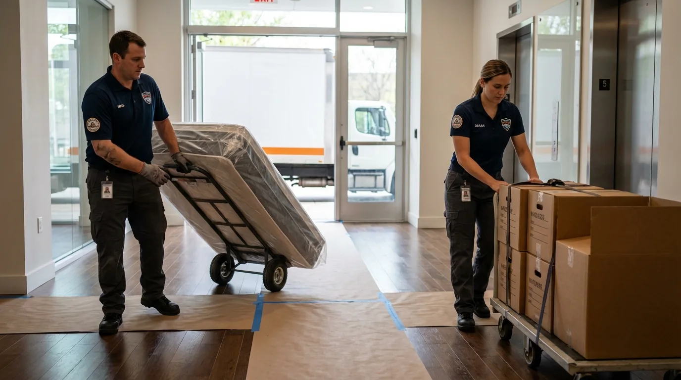 Professional apartment movers loading elevator in Nashua, IA